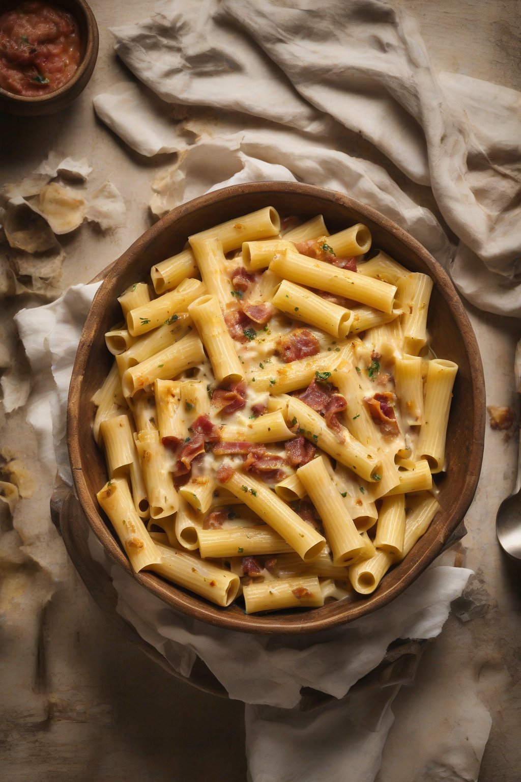 A high-resolution photo of rigatoni carbonara in a rustic bowl, sauce pooling inside pasta tubes with golden pancetta, under soft lighting.