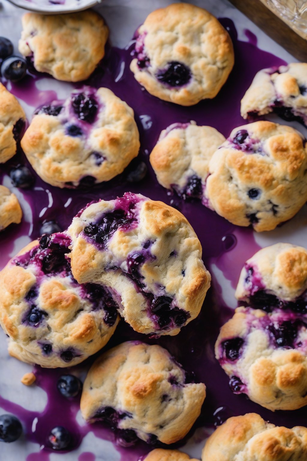 A high-resolution photo of blueberry biscuits with purple juices staining the flaky layers under soft lighting.
