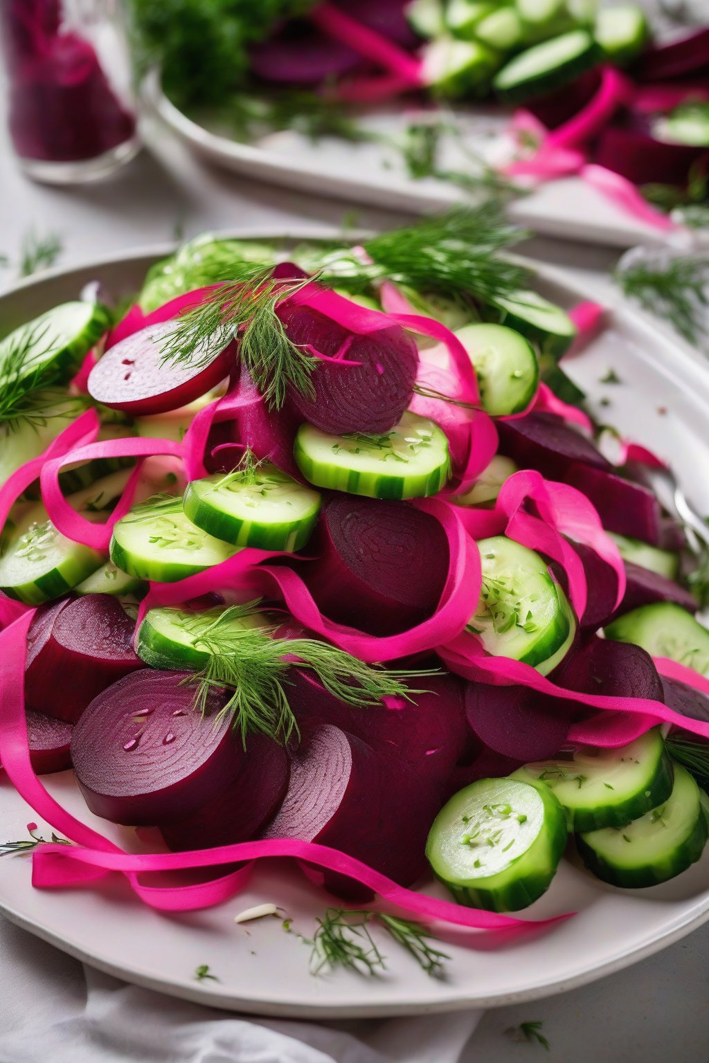 A high-resolution photo of pickled beet and cucumber salad with neon pink slices, long green ribbons, and fresh dill under soft lighting.