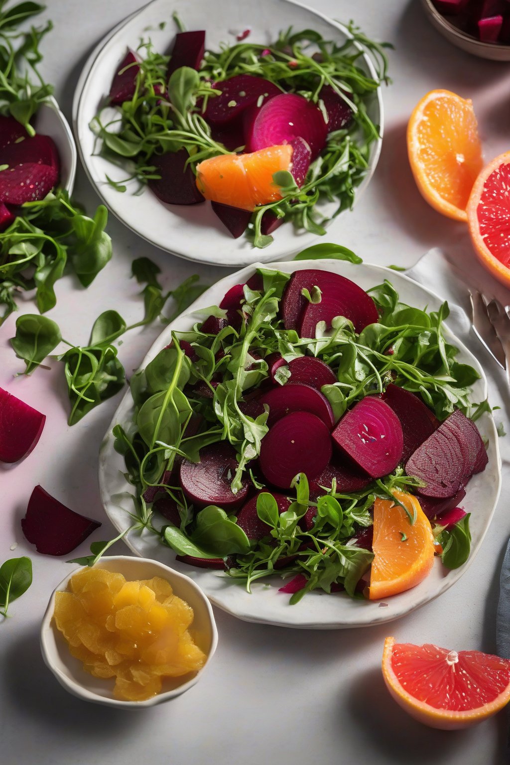 A high-resolution photo of beet and arugula salad with roasted wedges, peppery greens, pink grapefruit, and shiny vinaigrette under soft lighting.