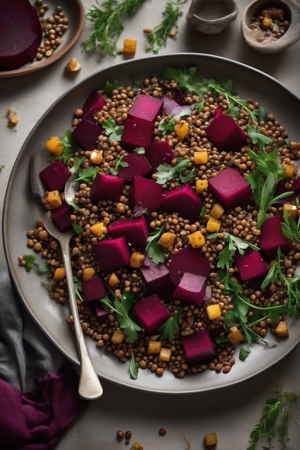 A high-resolution photo of warm beet and lentil salad with golden dices, fluffy lentils, caramelized shallots, and herbs under soft lighting.