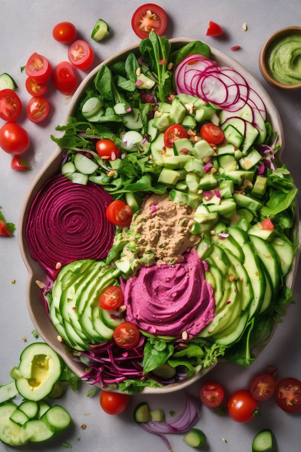 A high-resolution photo of beet hummus salad bowl with vibrant pink hummus swirl, crisp romaine, tomatoes, and cukes under soft lighting.