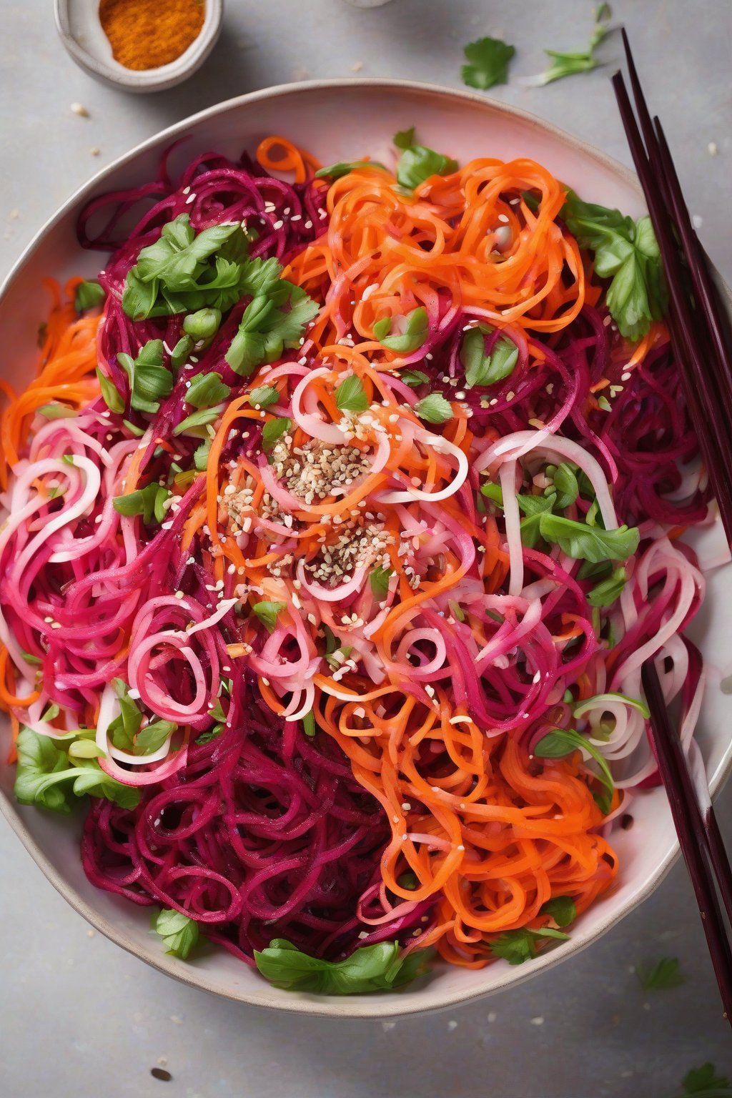A high-resolution photo of spiralized beet and carrot noodle salad with long pink-orange curls, sesame sprinkle, and glossy dressing under soft lighting.