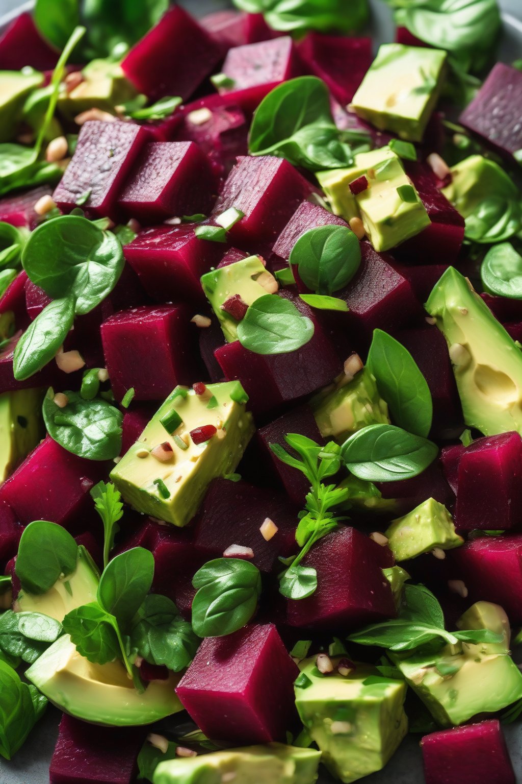 A high-resolution photo of beet and avocado salad with ruby cubes, green creaminess, lime zest, and cilantro on spinach under soft lighting.