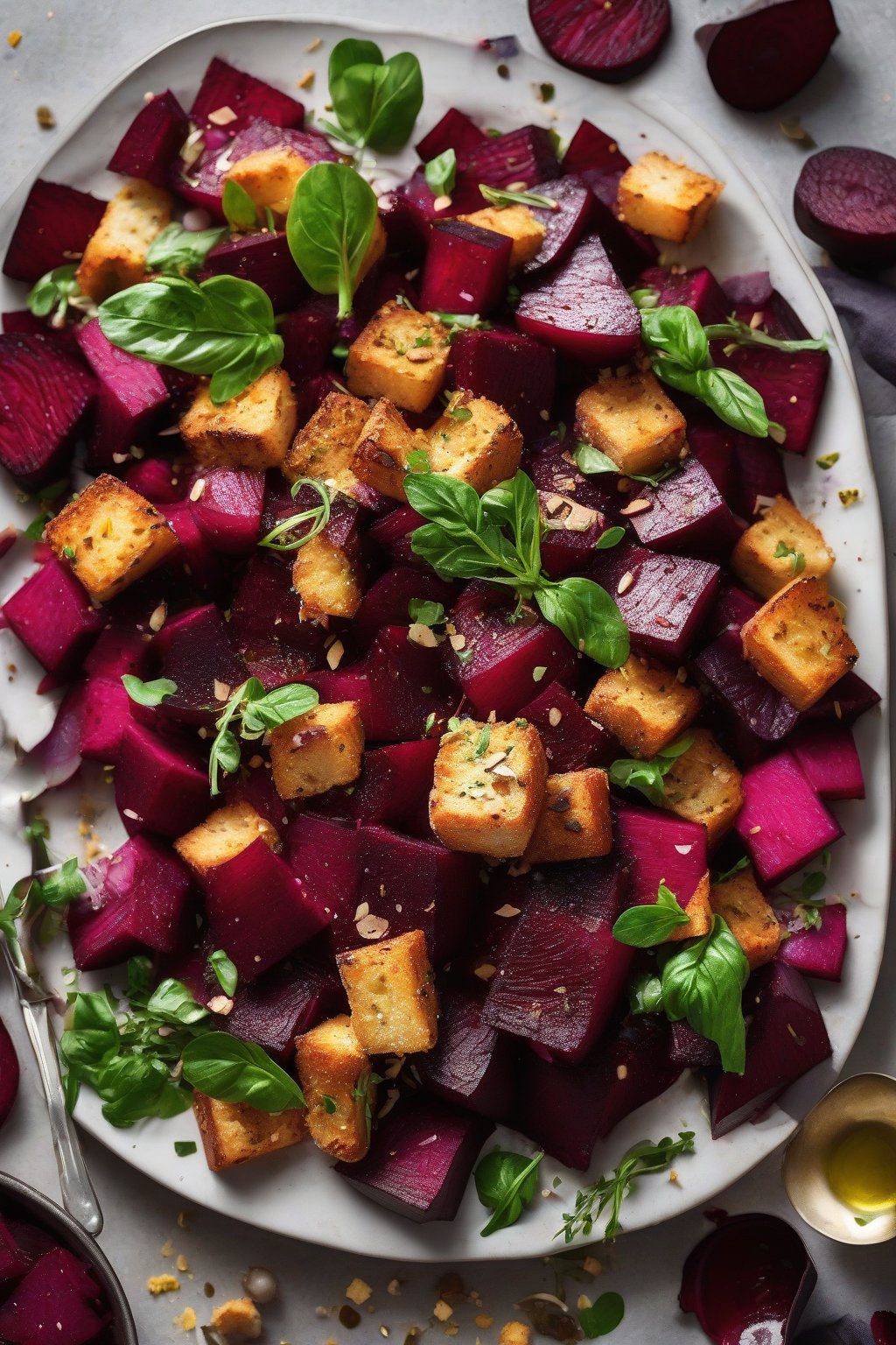 A high-resolution photo of roasted beet panzanella with chunky red beets, golden croutons, fresh herb confetti, and oil sheen under soft lighting.