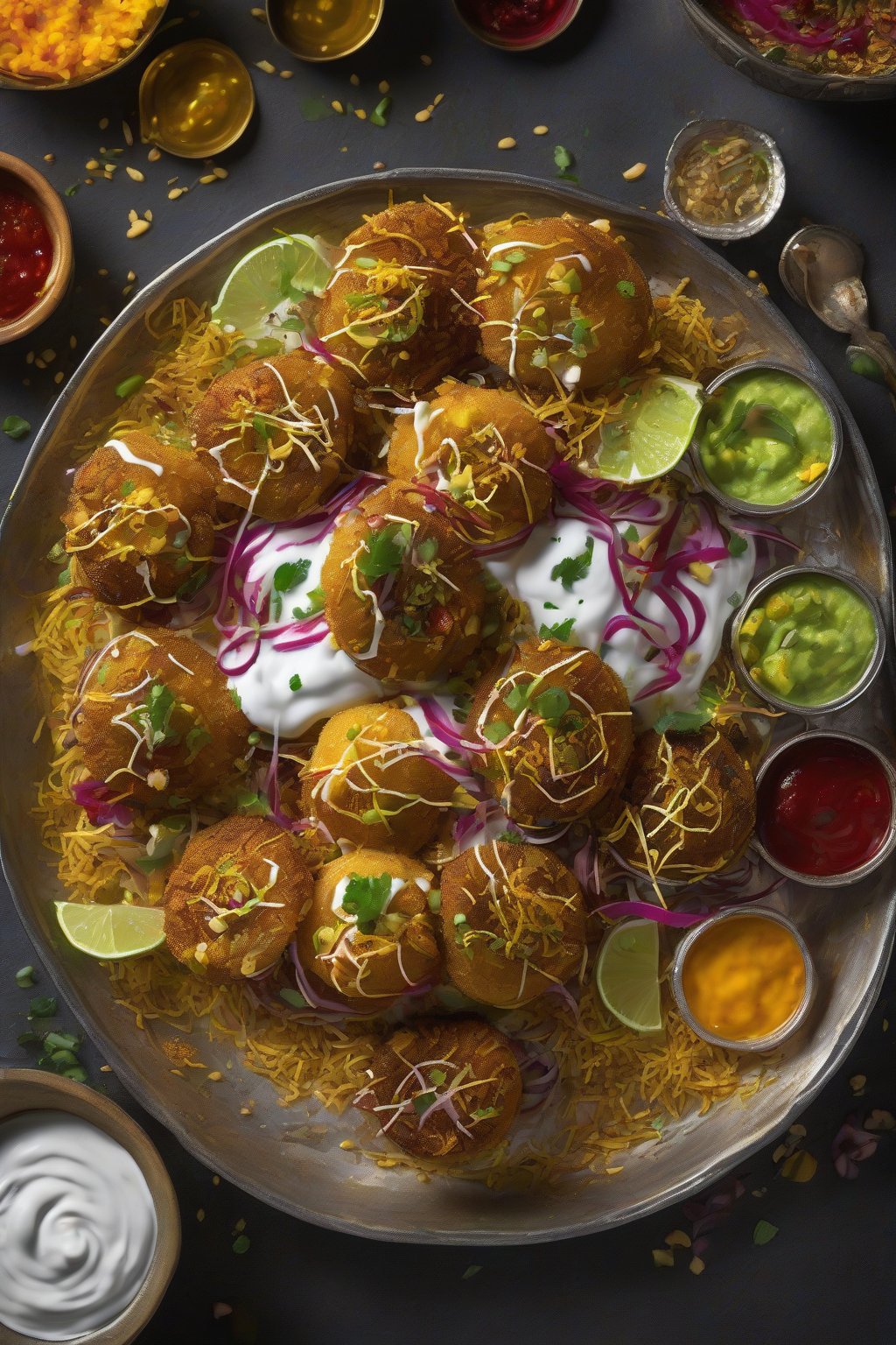 A high-resolution photo of golden aloo tikki chaat topped with yogurt swirls, vibrant chutneys, and sev under soft lighting.