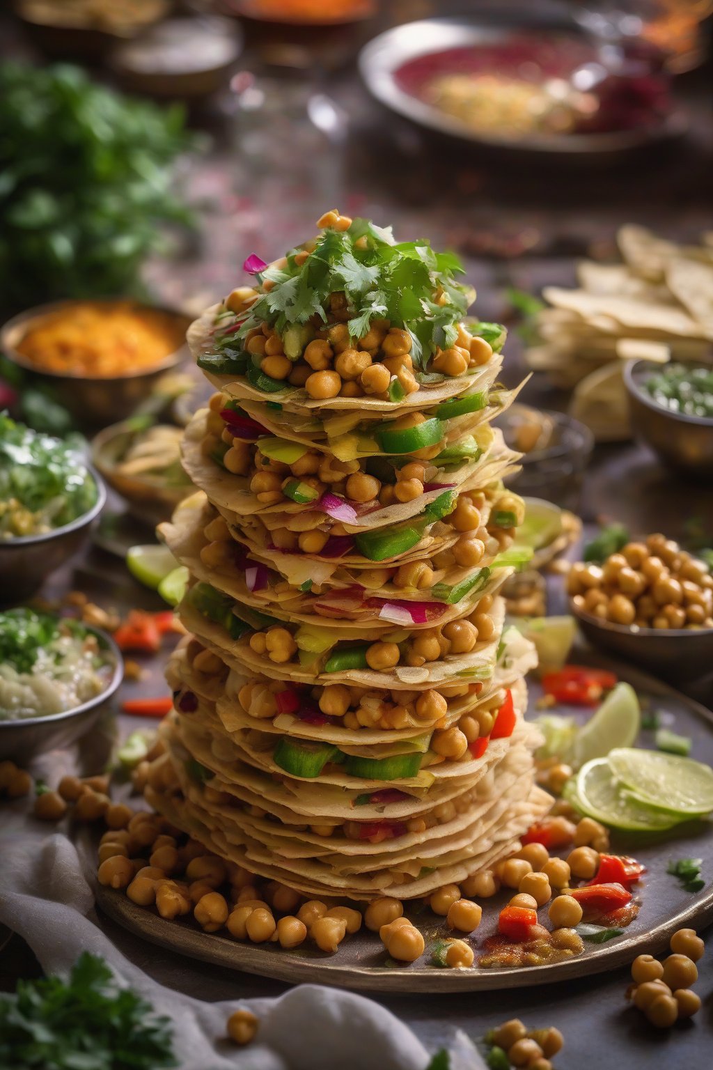 A high-resolution photo of stacked papdi chaat overflowing with chickpeas, chutneys, and fresh veggies under soft lighting.