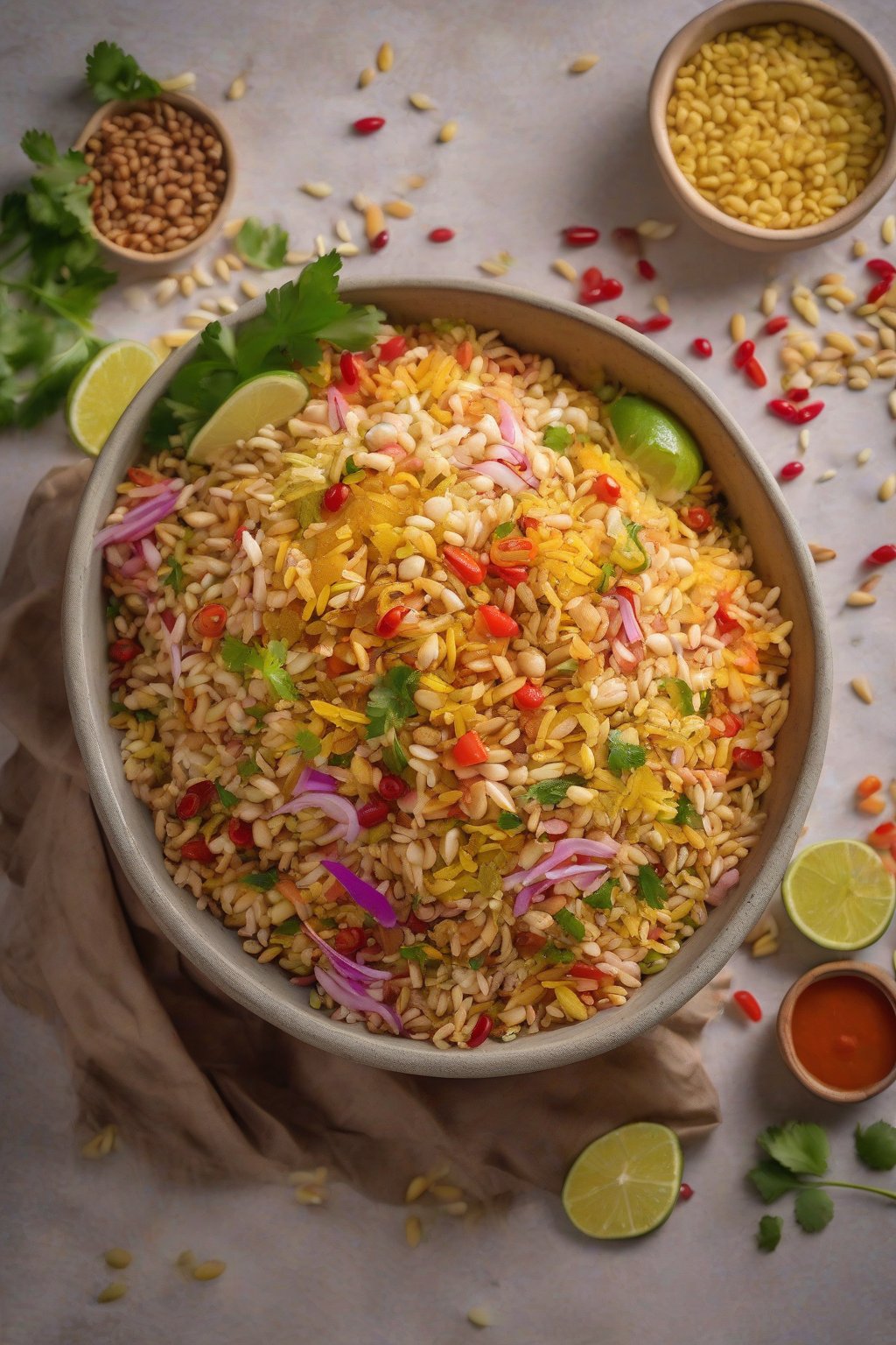A high-resolution photo of vibrant bhel puri in a bowl with puffed rice, sev, and chutney drizzles under soft lighting.