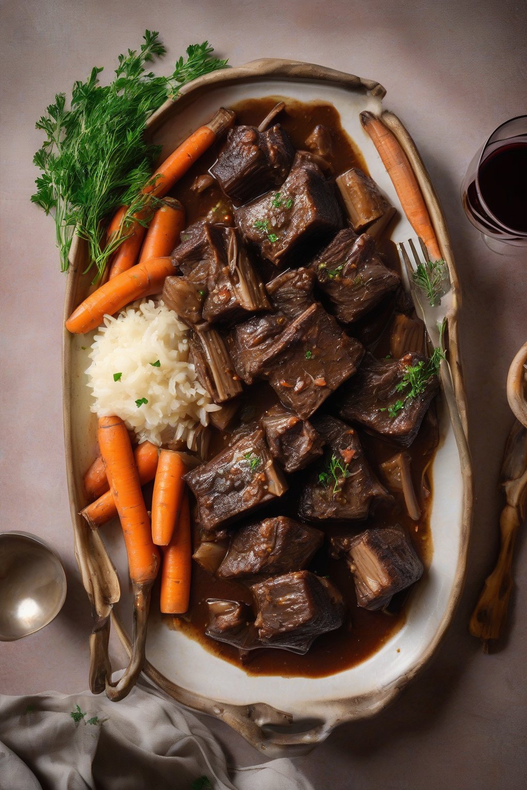 A high-resolution photo of classic red wine braised short ribs, glistening with sauce and surrounded by carrots and onions, under soft lighting.