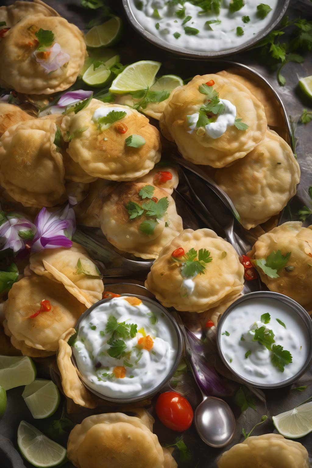 A high-resolution photo of dahi puris bursting with fillings, yogurt, and garnishes under soft lighting.