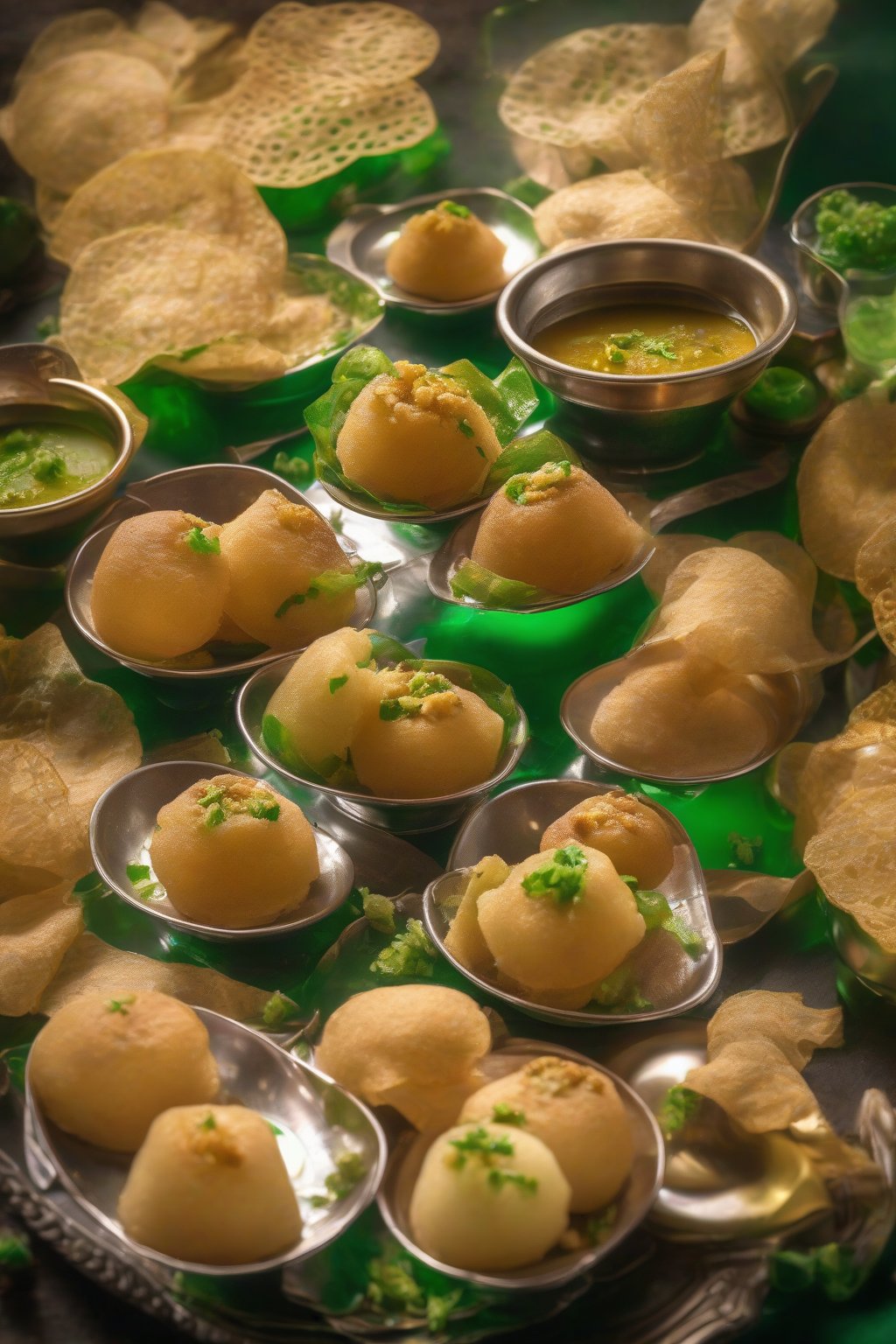 A high-resolution photo of pani puri with golden puris dunked in green pani, surrounded by fillings under soft lighting.