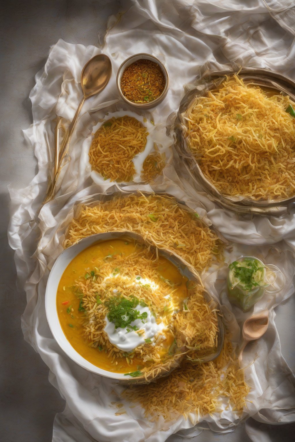 A high-resolution photo of ragda pattice layered with thick curry, yogurt, and crunchy sev under soft lighting.