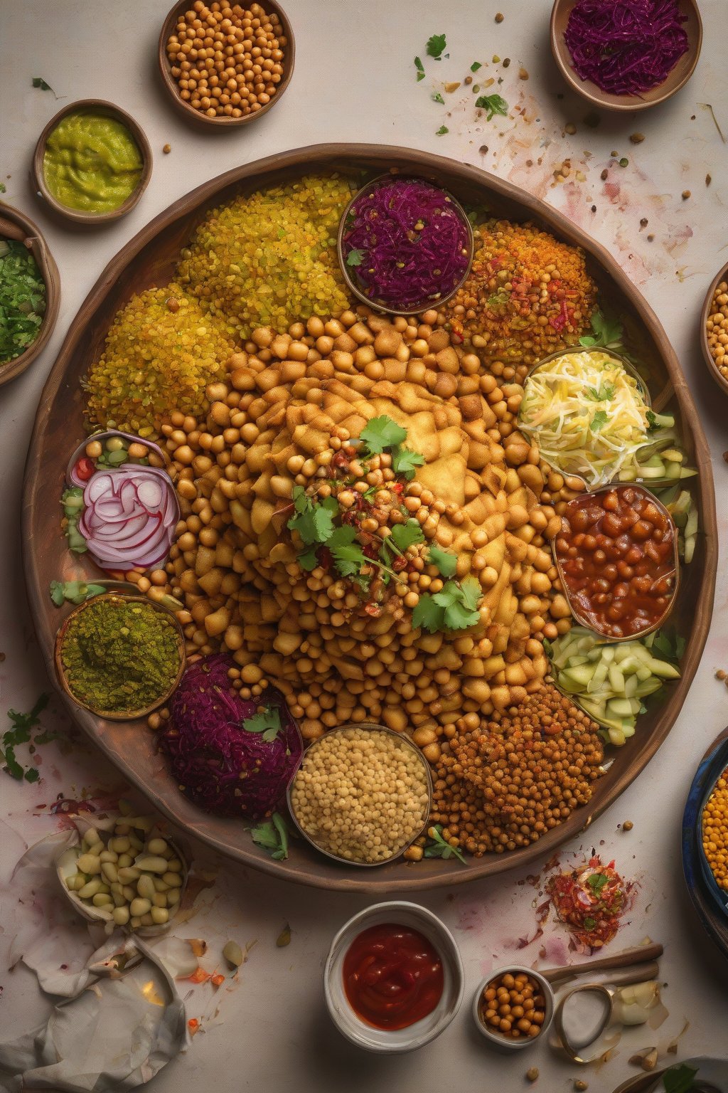 A high-resolution photo of crushed samosa chaat piled high with chickpeas, chutneys, and sev under soft lighting.