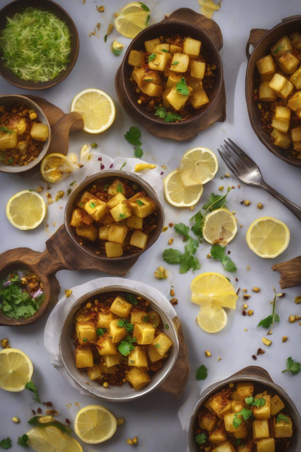 A high-resolution photo of spiced aloo chaat cubes glistening with lemon and sev under soft lighting.