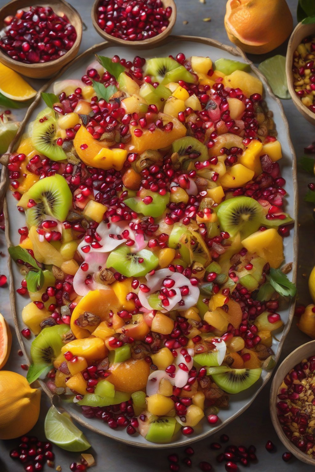 A high-resolution photo of colorful tropical fruit chaat sprinkled with masala and pomegranate seeds under soft lighting.