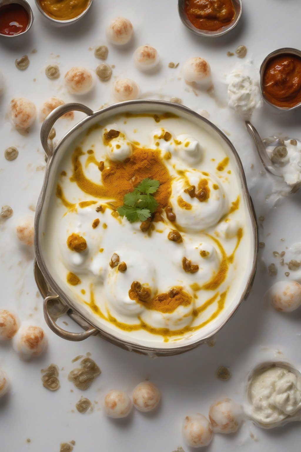 A high-resolution photo of dahi bhalla floating in creamy yogurt with chutney swirls under soft lighting.