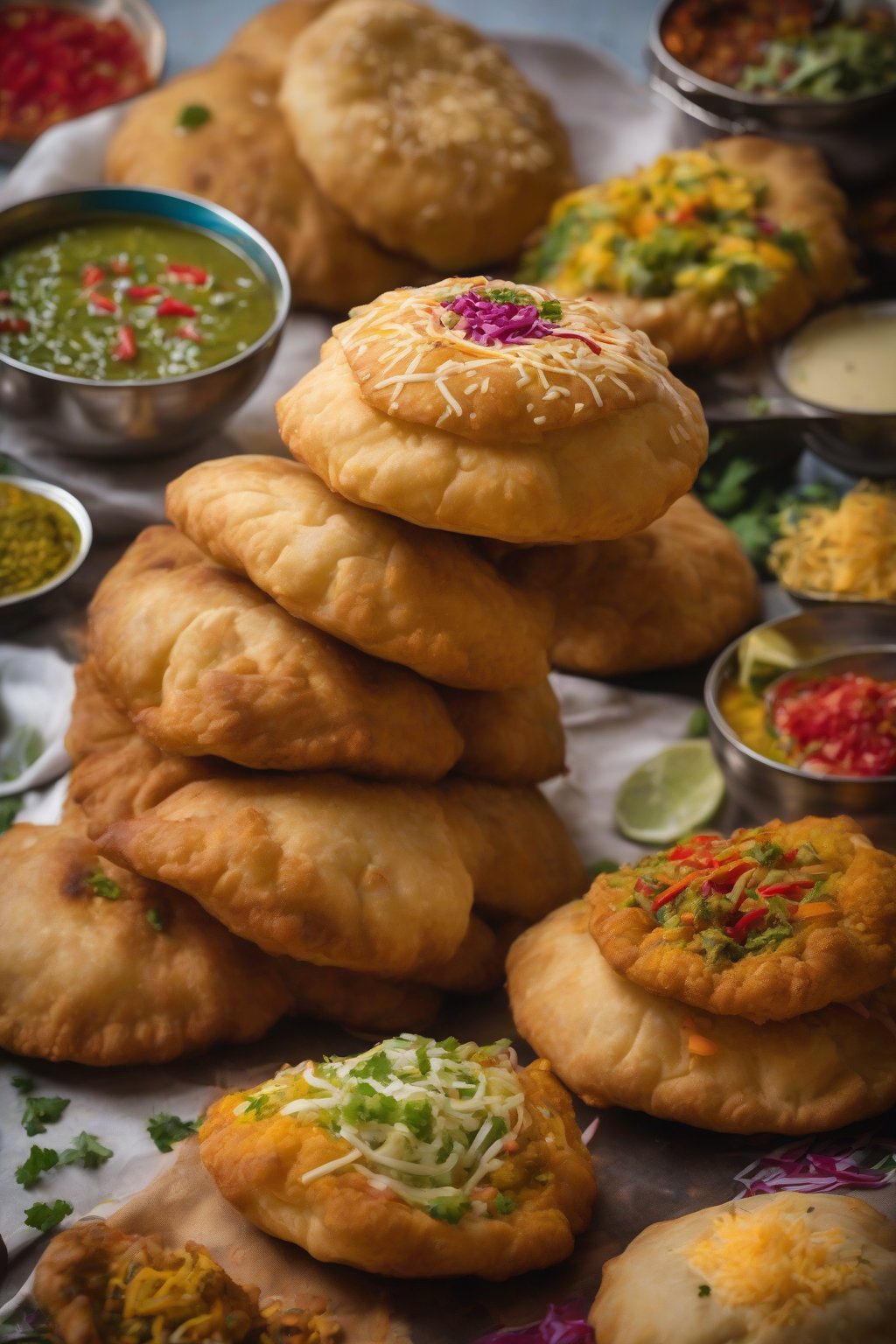 A high-resolution photo of towering raj kachori stuffed to the brim with colorful fillings under soft lighting.