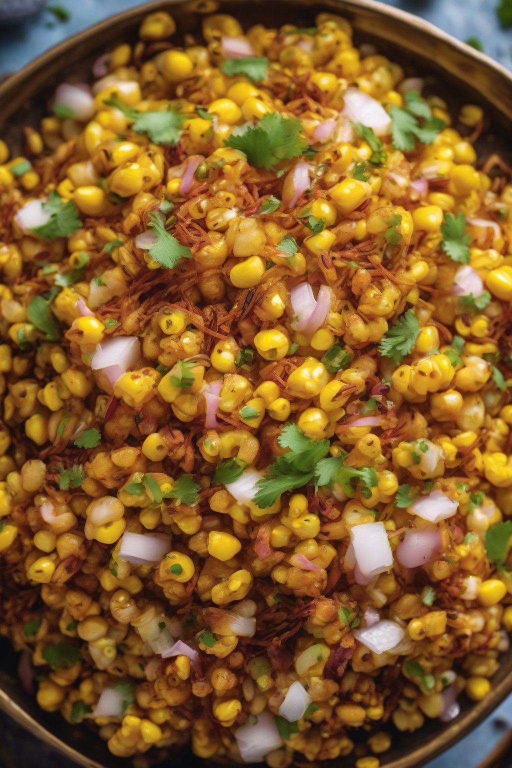 A high-resolution photo of buttery masala corn chaat tossed with spices and sev under soft lighting.