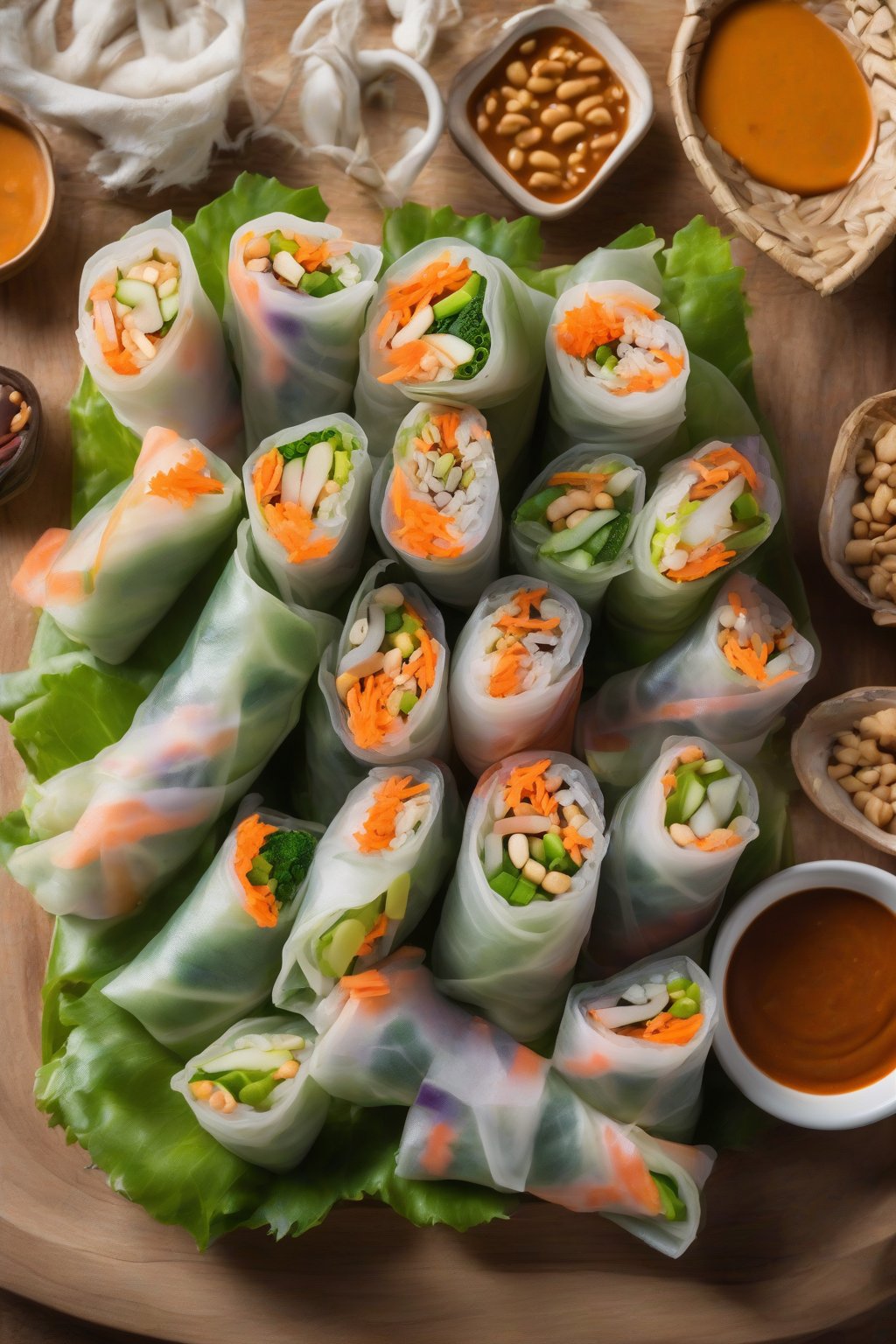 A high-resolution photo of colorful fresh vegetable spring rolls arranged on a bamboo platter with peanut sauce, under soft lighting.
