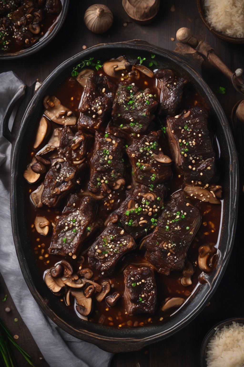 A high-resolution photo of Korean galbi-jjim short ribs, glossy with sauce and studded with chestnuts and mushrooms, under soft lighting.