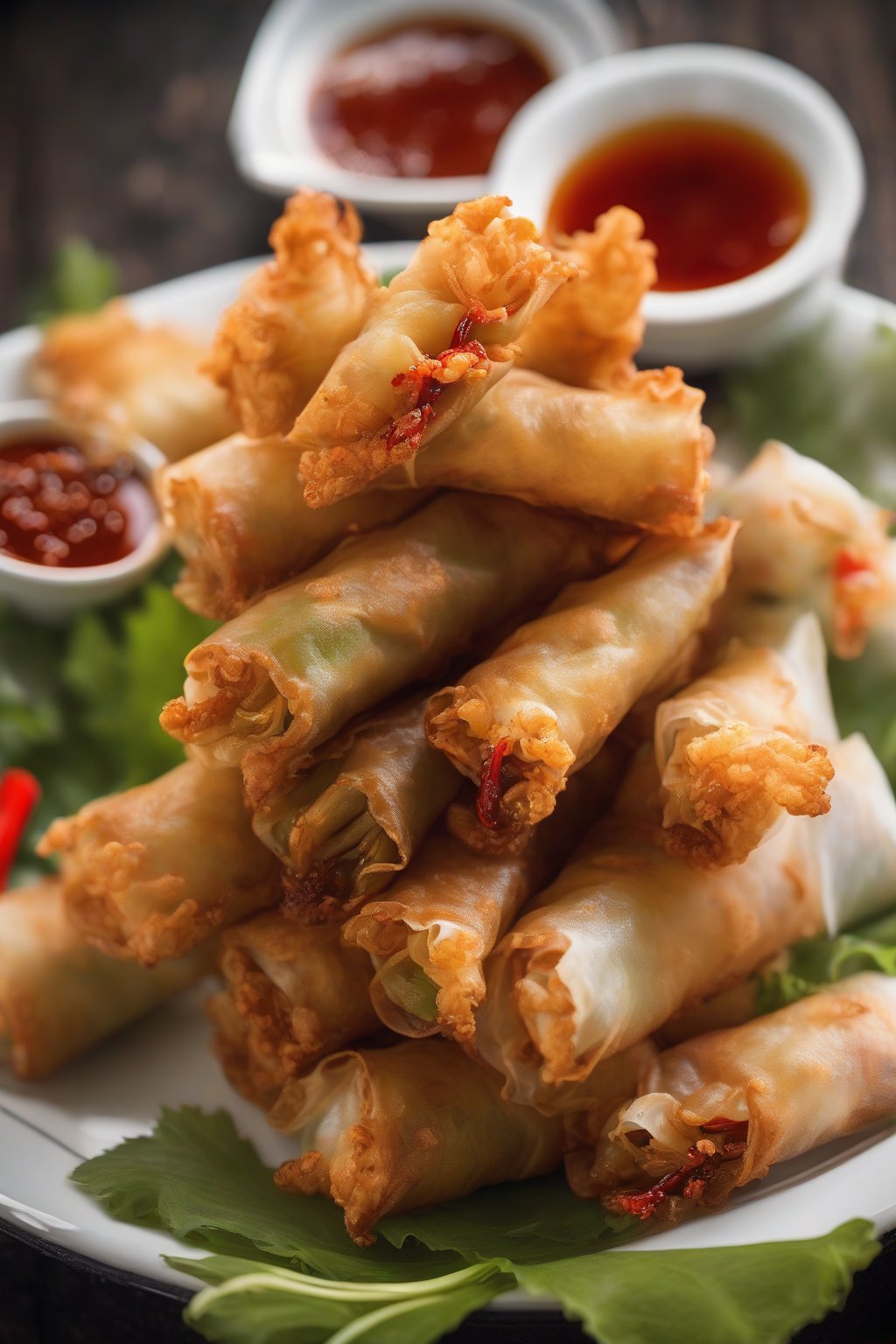 A high-resolution photo of golden crispy fried shrimp spring rolls stacked on a plate with sweet chili sauce, under soft lighting.