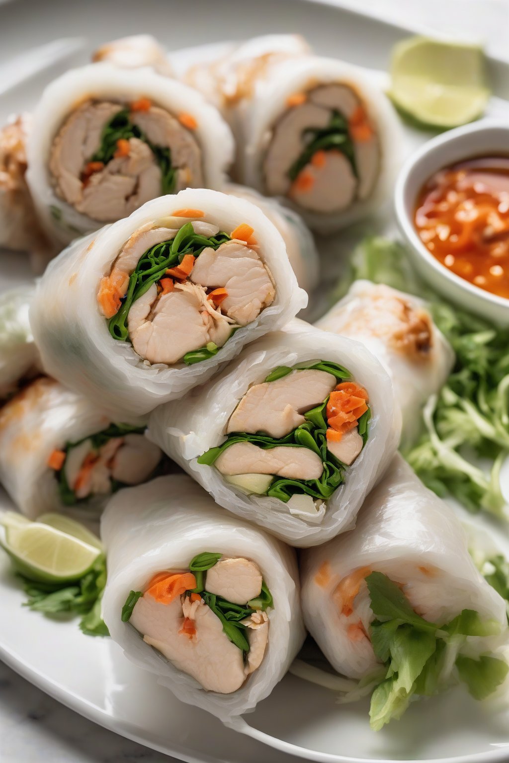 A high-resolution photo of lemongrass chicken fresh rolls sliced in half revealing fillings, on a white plate, under soft lighting.