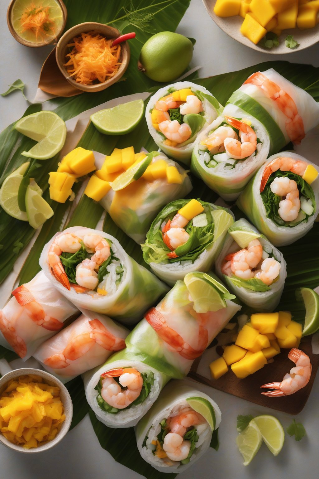 A high-resolution photo of mango and shrimp fresh rolls fanned out with tropical garnishes, under soft lighting.