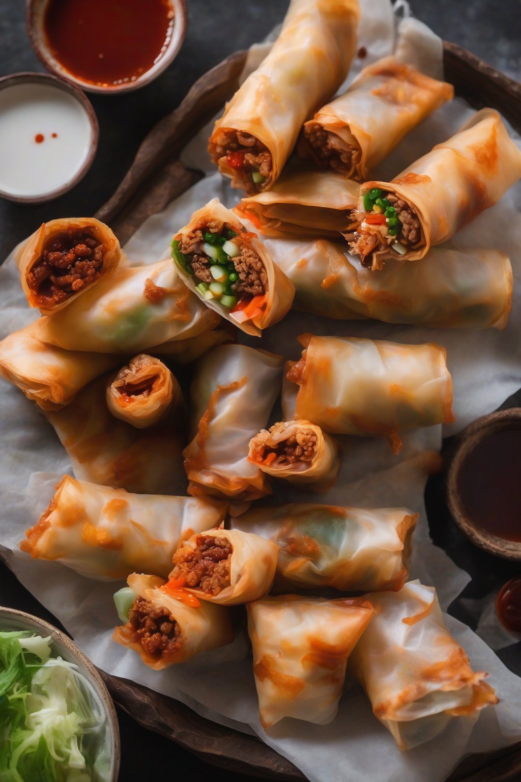 A high-resolution photo of spicy pork fried spring rolls cut open showing red filling, with gochujang sauce, under soft lighting.