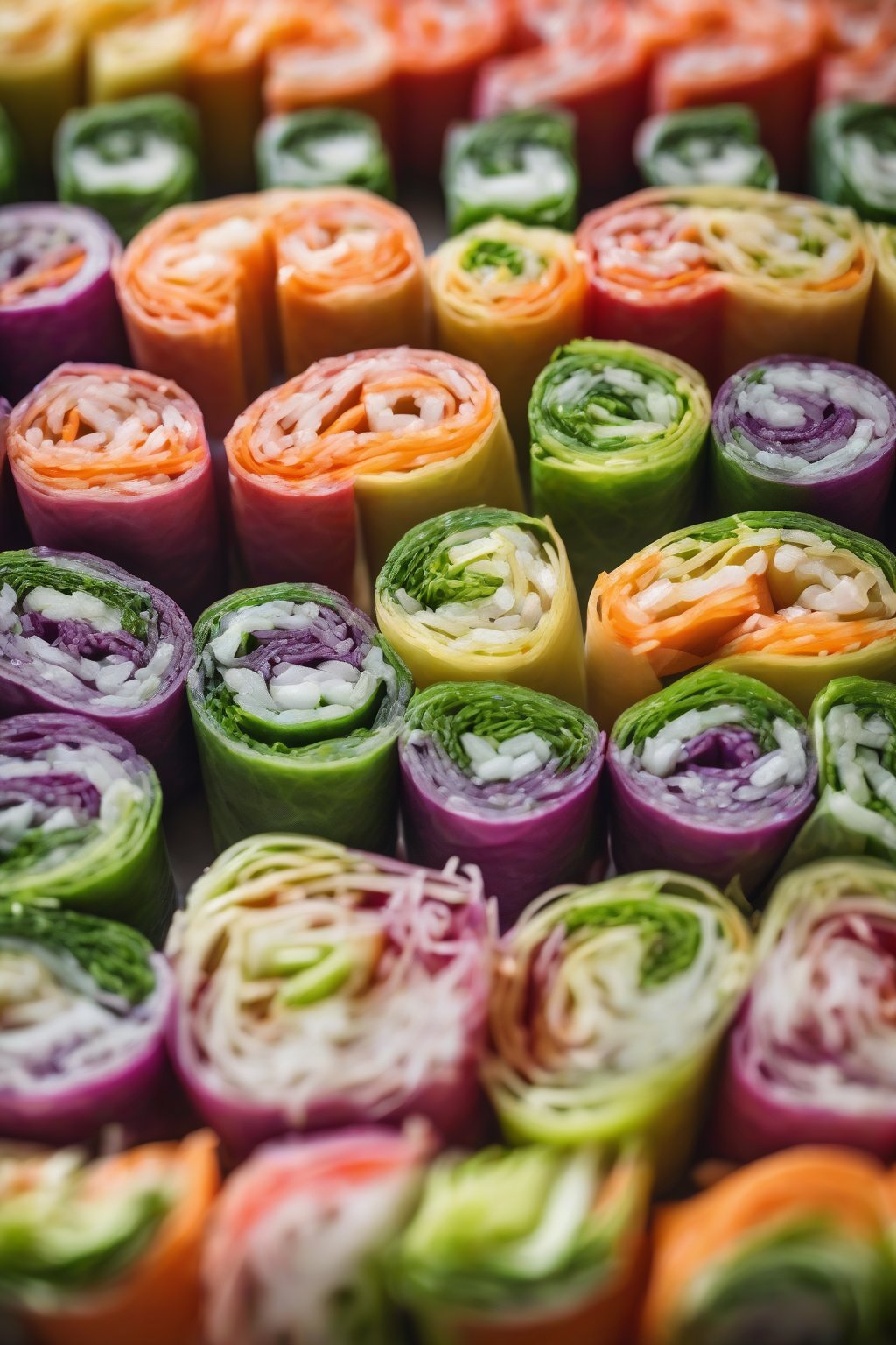 A high-resolution photo of rainbow veggie fresh rolls in a row showcasing colors, under soft lighting.