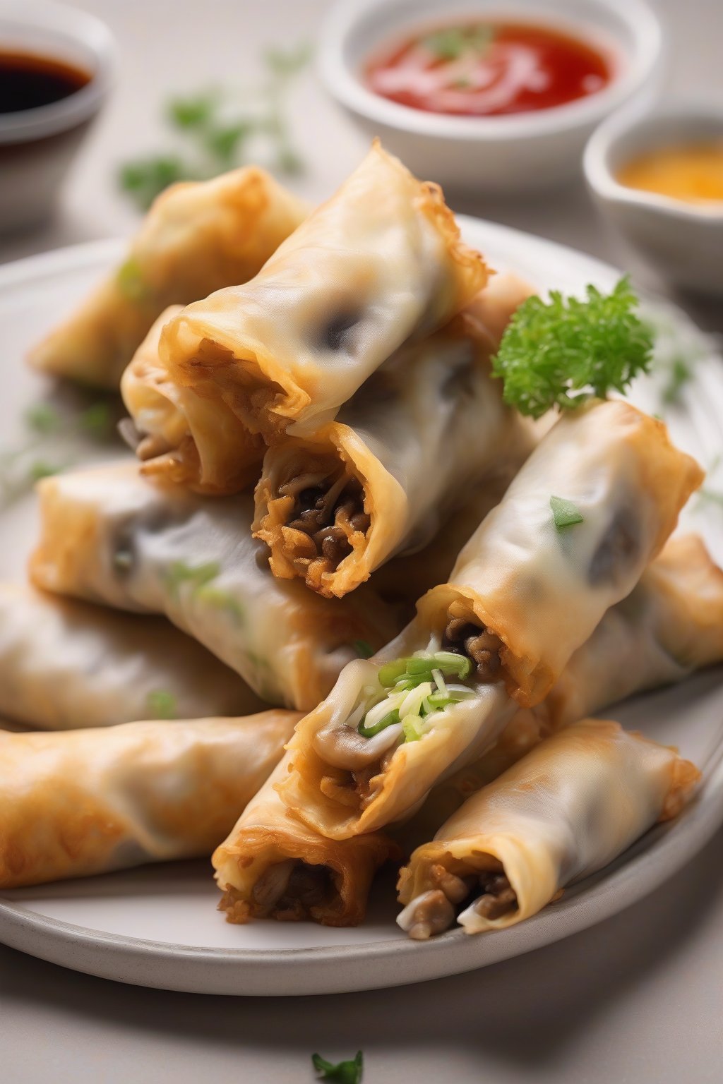 A high-resolution photo of cheesy mushroom fried spring rolls oozing cheese, under soft lighting.