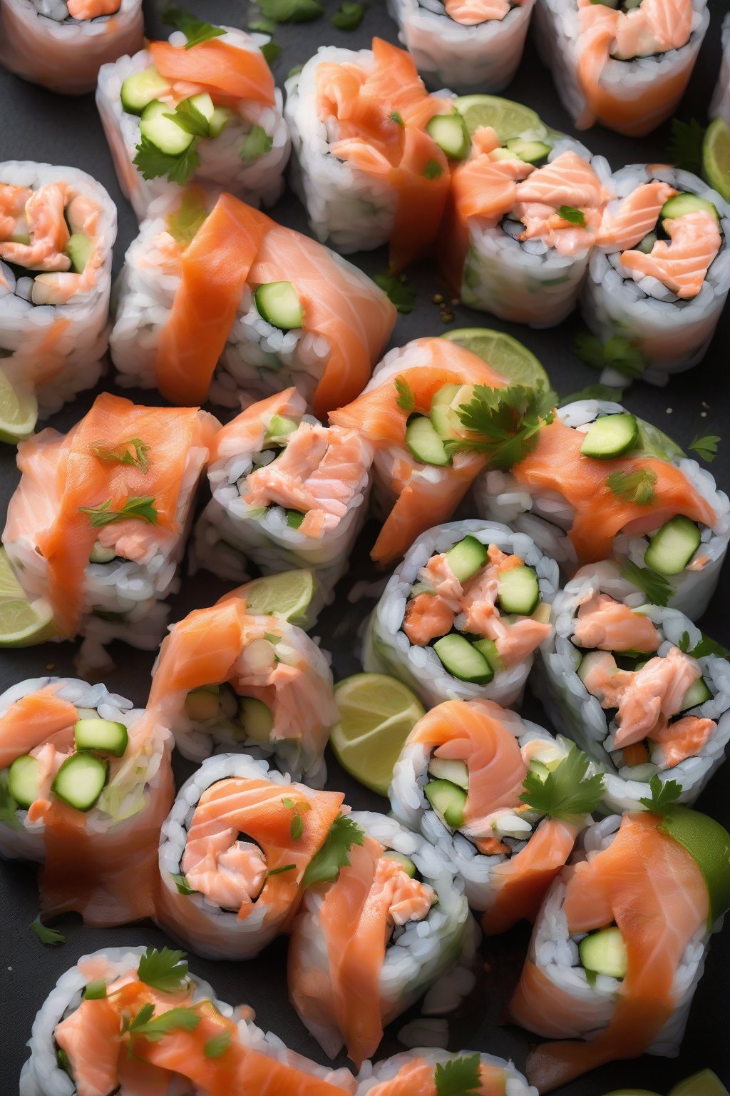 A high-resolution photo of sweet chili salmon fresh rolls with pink salmon visible, under soft lighting.