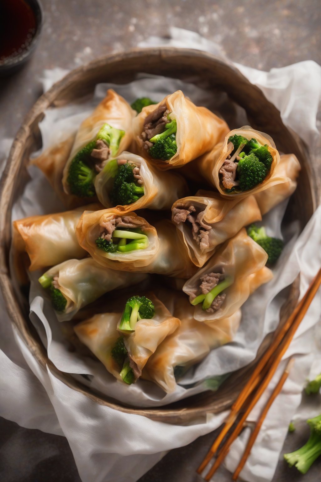 A high-resolution photo of beef and broccoli fried spring rolls steaming hot, under soft lighting.