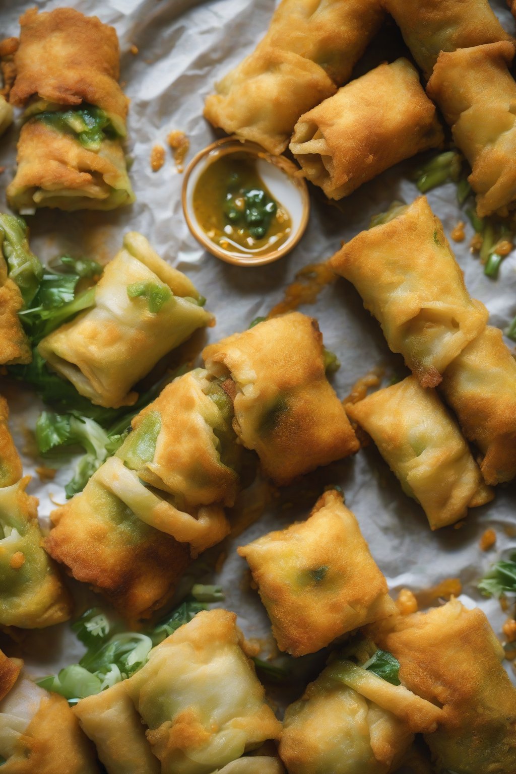 A high-resolution photo of curry vegetable fried rolls with golden crust, under soft lighting.