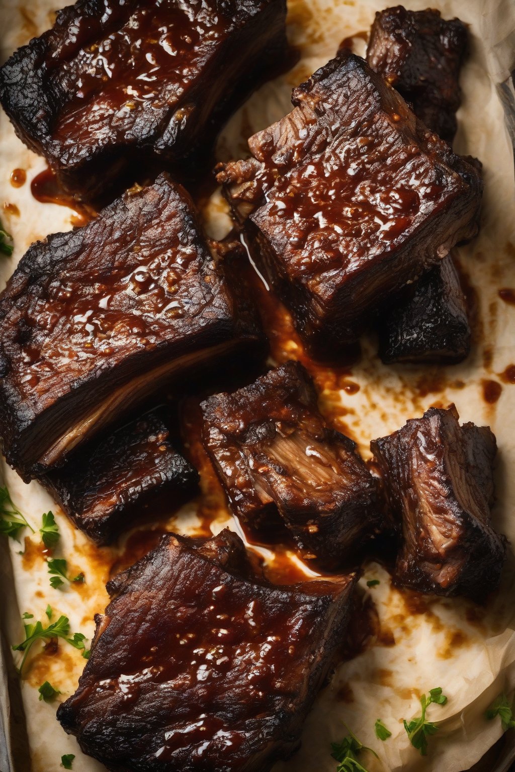 A high-resolution photo of smoky BBQ oven short ribs, caramelized and saucy with a smoky char, under soft lighting.