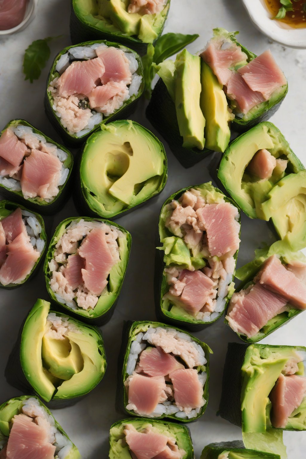 A high-resolution photo of tuna avocado fresh rolls halved, under soft lighting.
