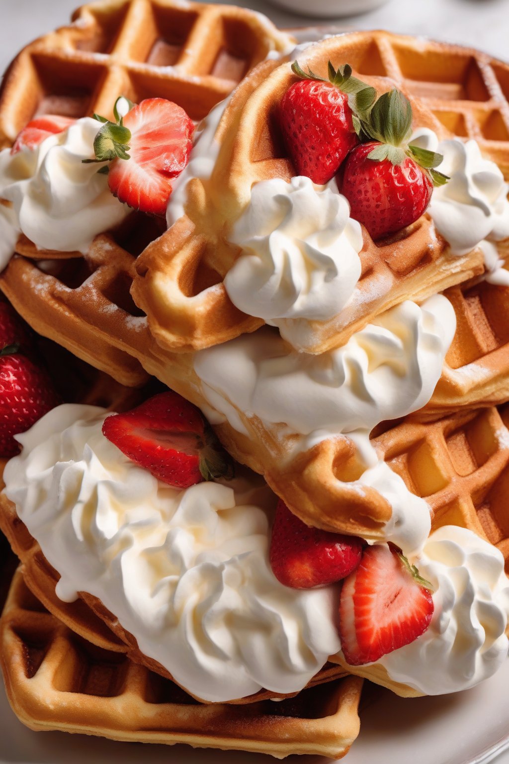 A close-up photo of golden thick Belgian waffles topped with whipped cream and strawberries under soft lighting.