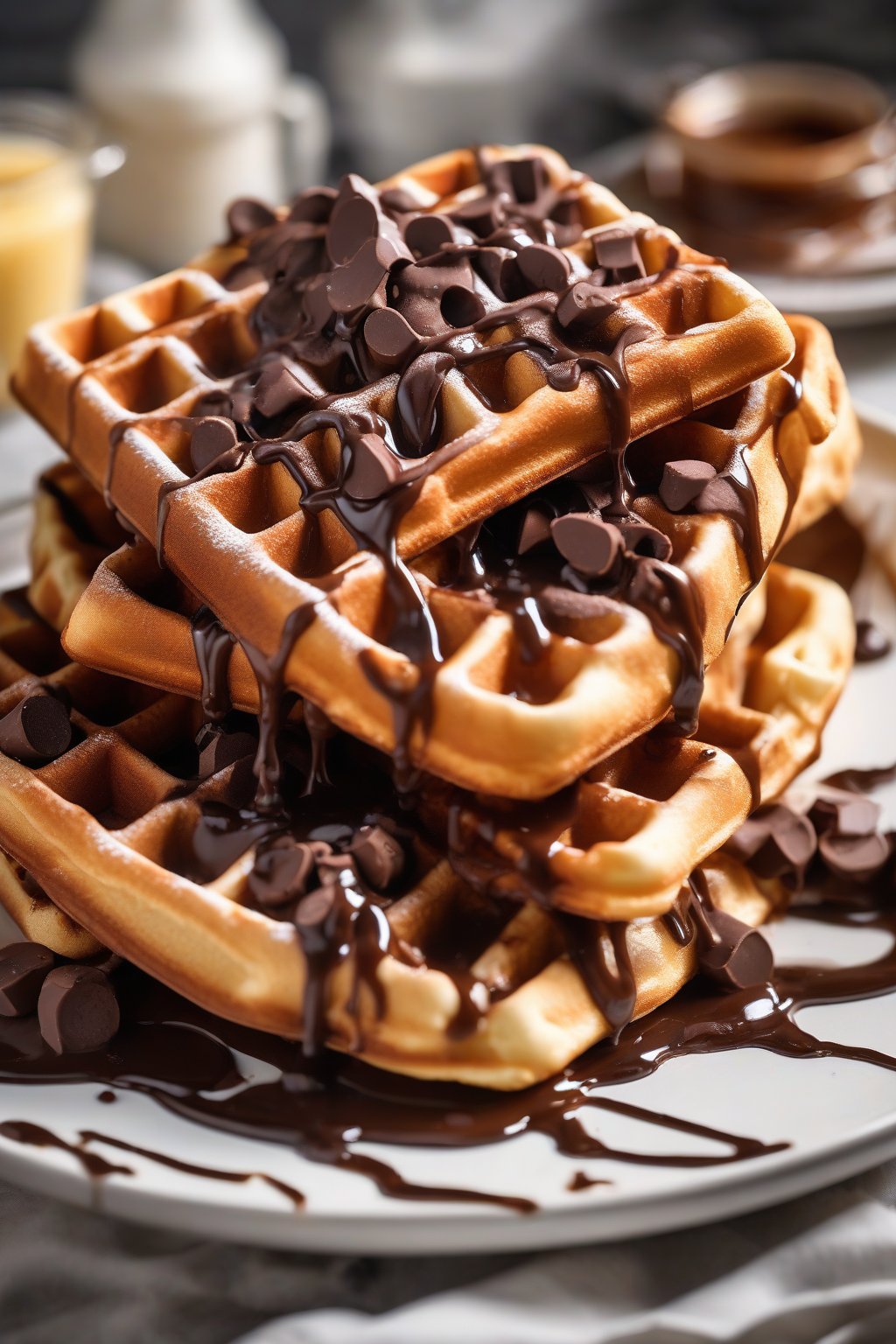 A close-up photo of thick Belgian waffles studded with melted chocolate chips and syrup drizzle under soft lighting.