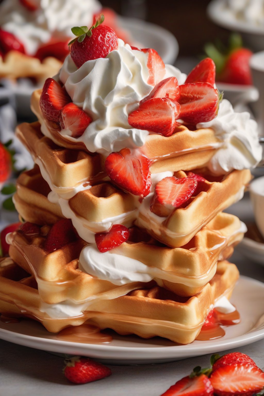 A close-up photo of thick Belgian waffles layered with strawberries and whipped cream under soft lighting.