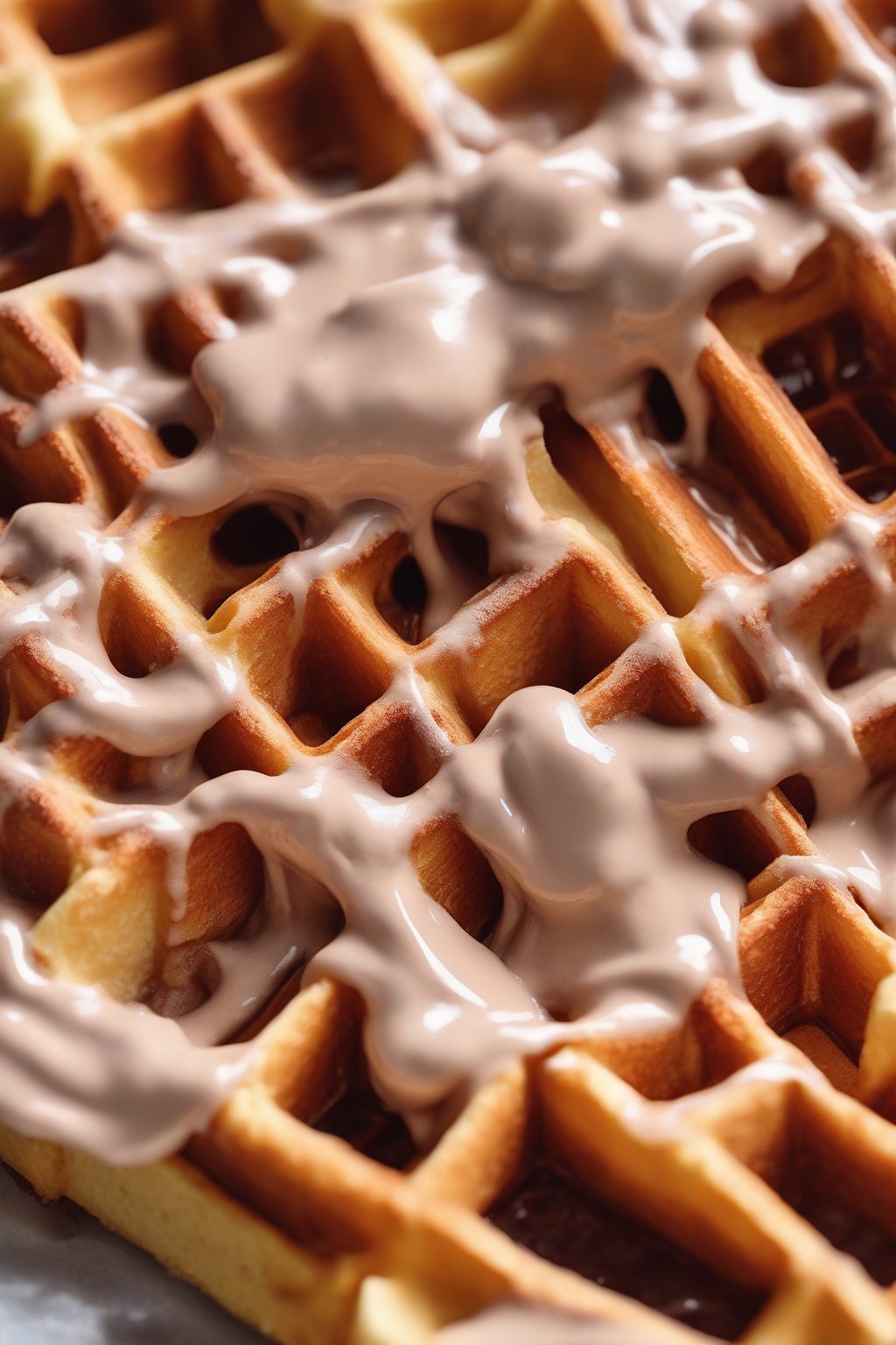 A close-up photo of thick Belgian waffles swirled with cinnamon icing under soft lighting.