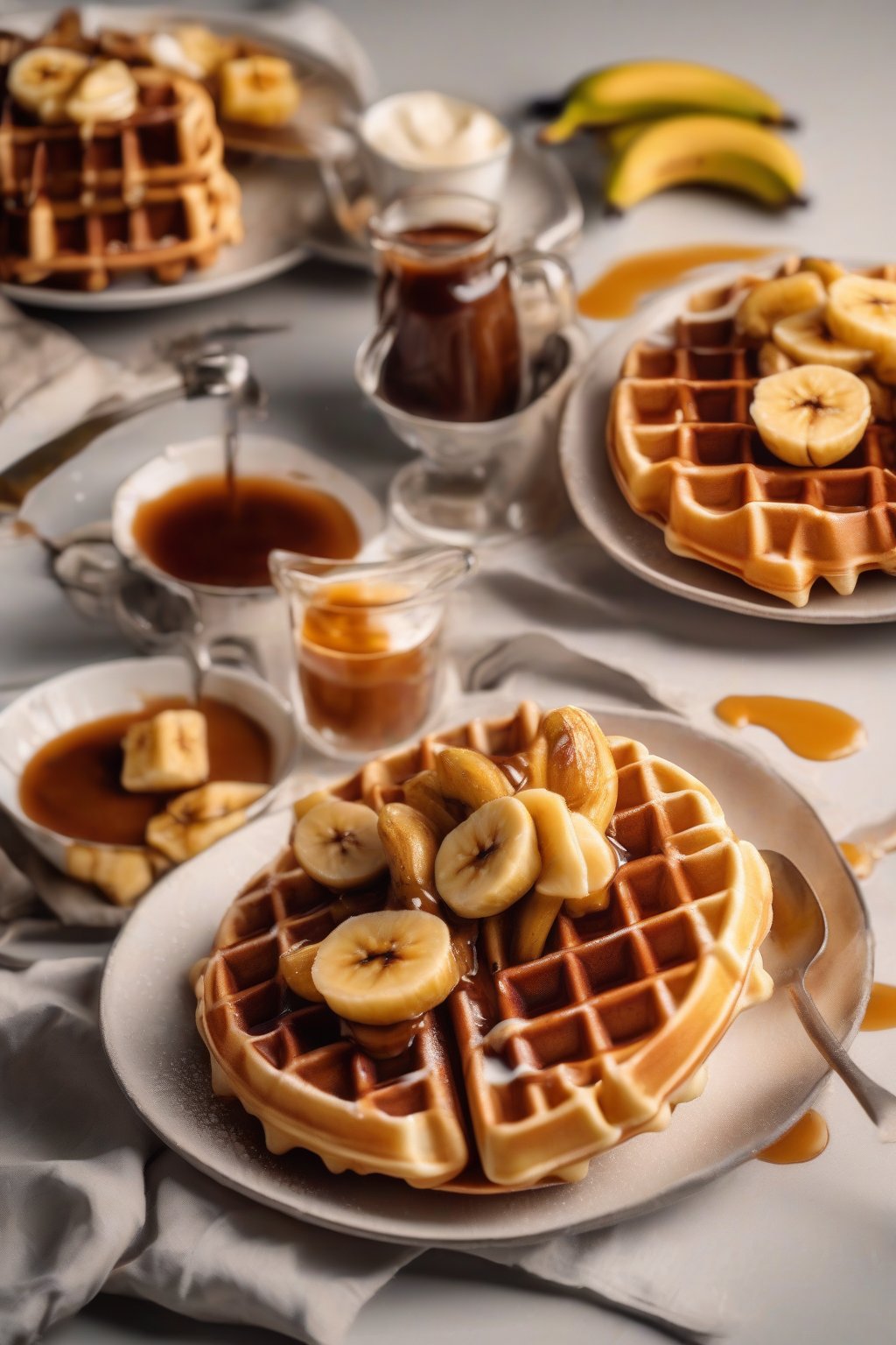 A close-up photo of thick Belgian waffles with caramelized bananas and sauce under soft lighting.