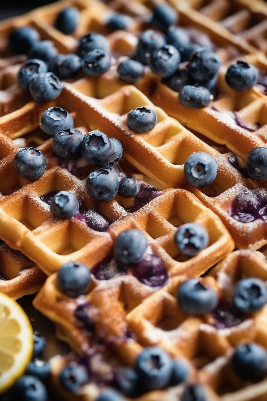 A close-up photo of thick Belgian waffles dotted with blueberries and lemon zest under soft lighting.