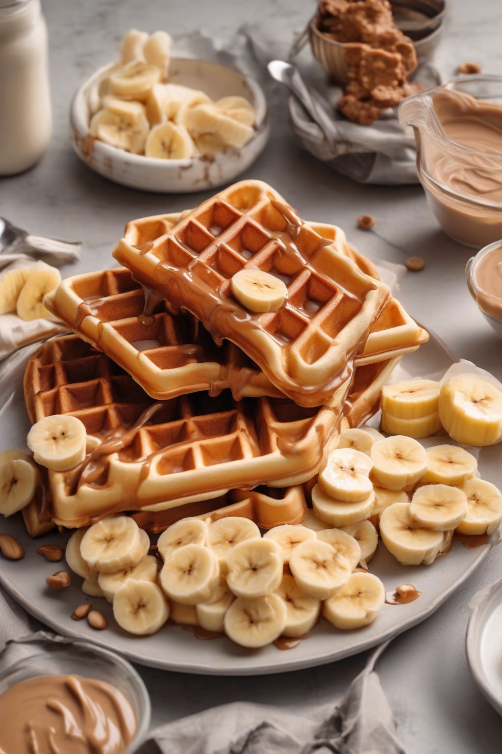 A close-up photo of thick Belgian waffles spread with peanut butter and banana slices under soft lighting.
