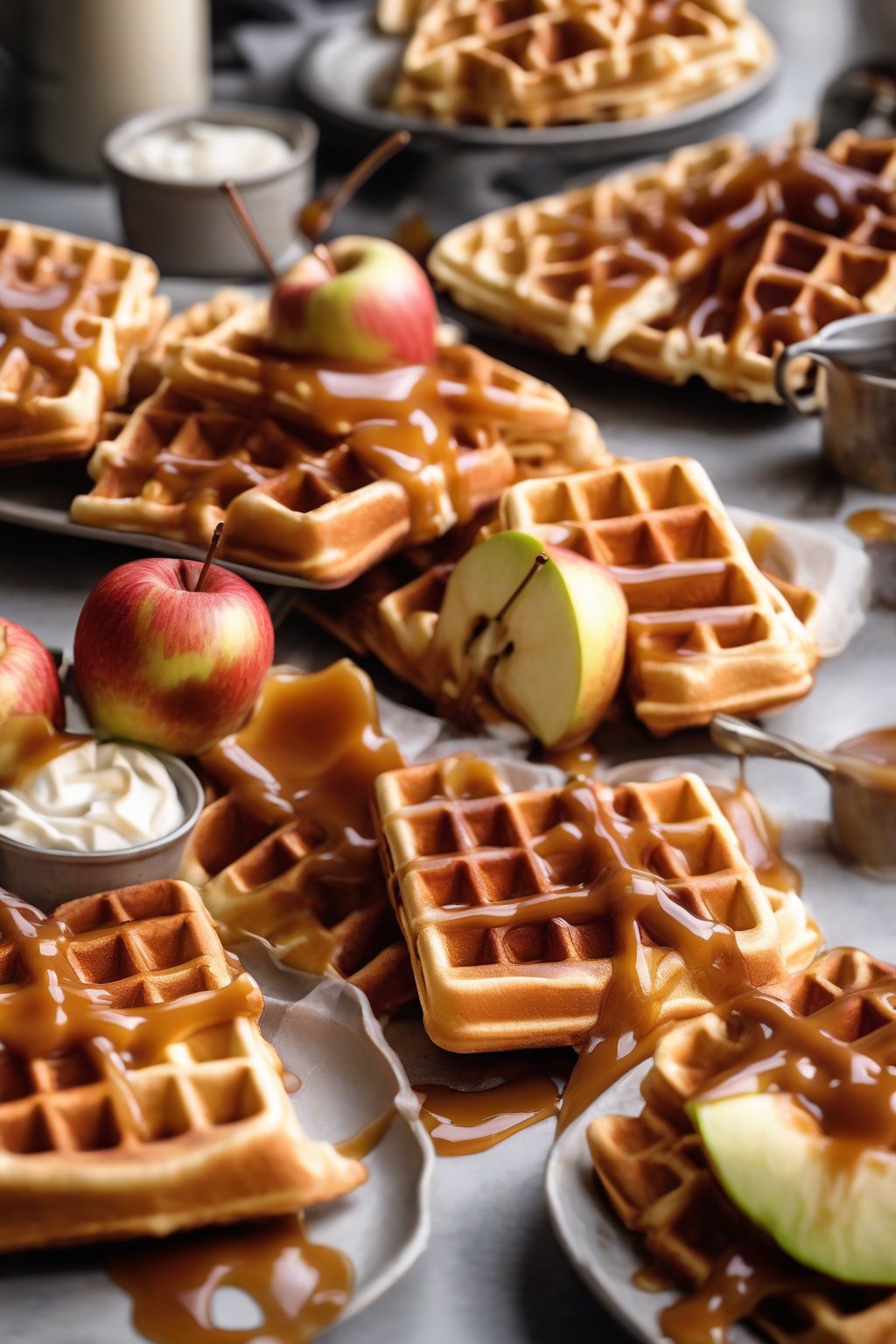 A close-up photo of thick Belgian waffles topped with caramel apples under soft lighting.