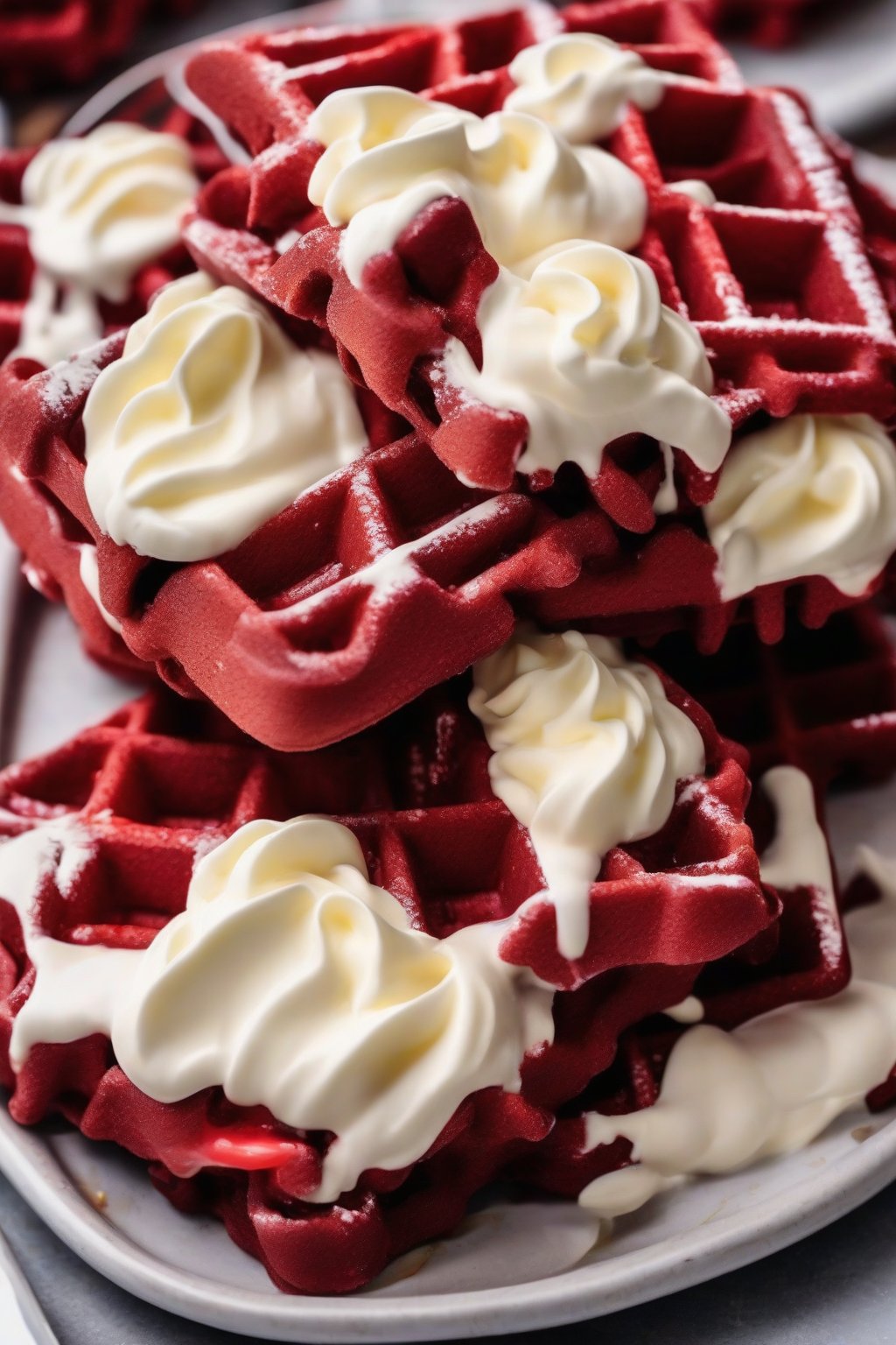 A close-up photo of red velvet thick Belgian waffles with cream cheese frosting under soft lighting.