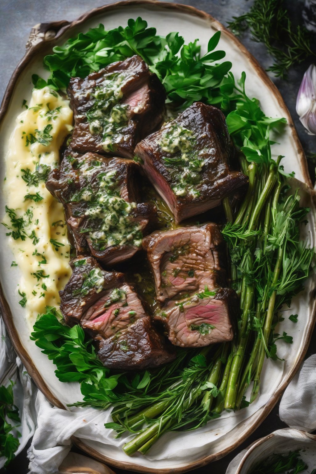 A high-resolution photo of garlic herb butter short ribs, topped with melted herb butter and garnished with fresh greens, under soft lighting.