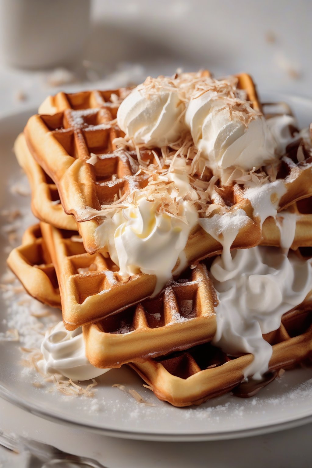A close-up photo of thick Belgian waffles garnished with shredded coconut and cream under soft lighting.