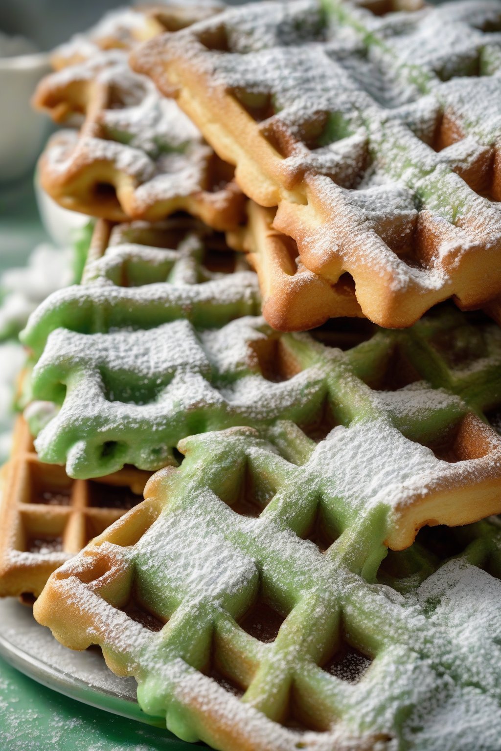 A close-up photo of green-tinted thick Belgian waffles dusted with powdered sugar under soft lighting.