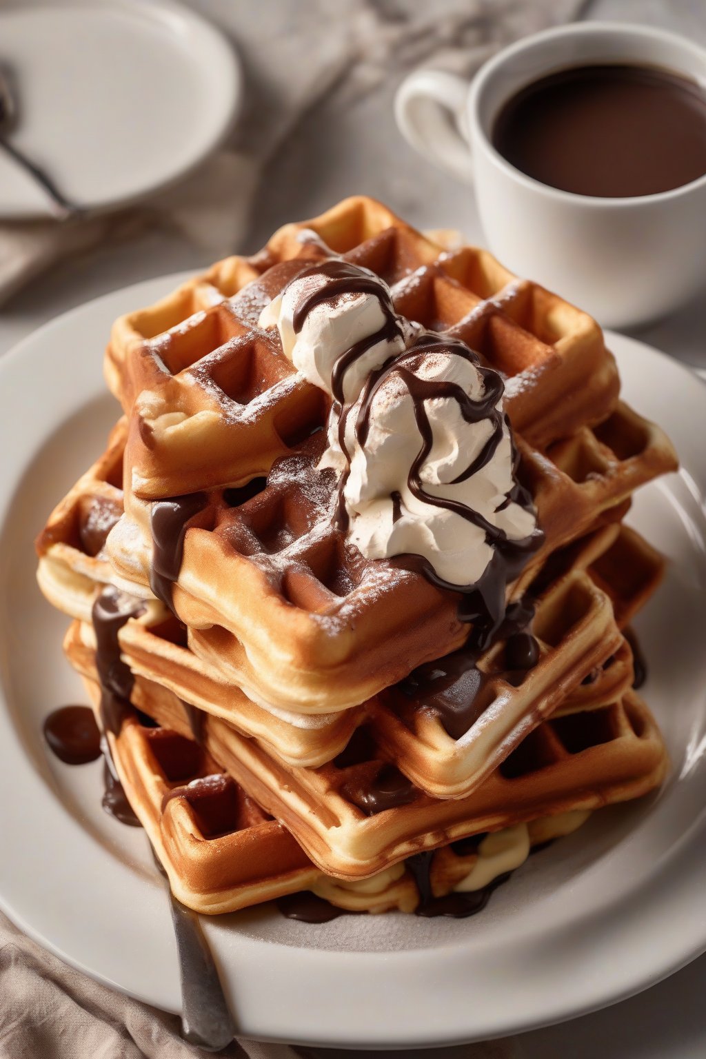 A close-up photo of thick Belgian waffles layered with mascarpone and cocoa under soft lighting.