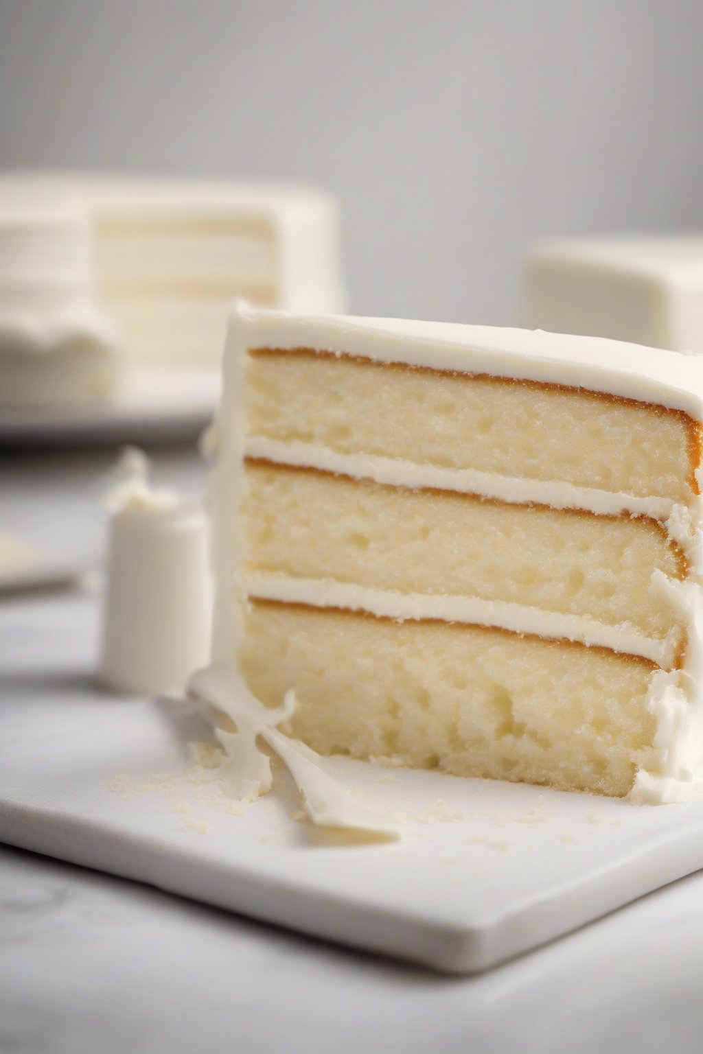 A high-resolution photo of a sliced classic vanilla white cake layer under soft lighting.