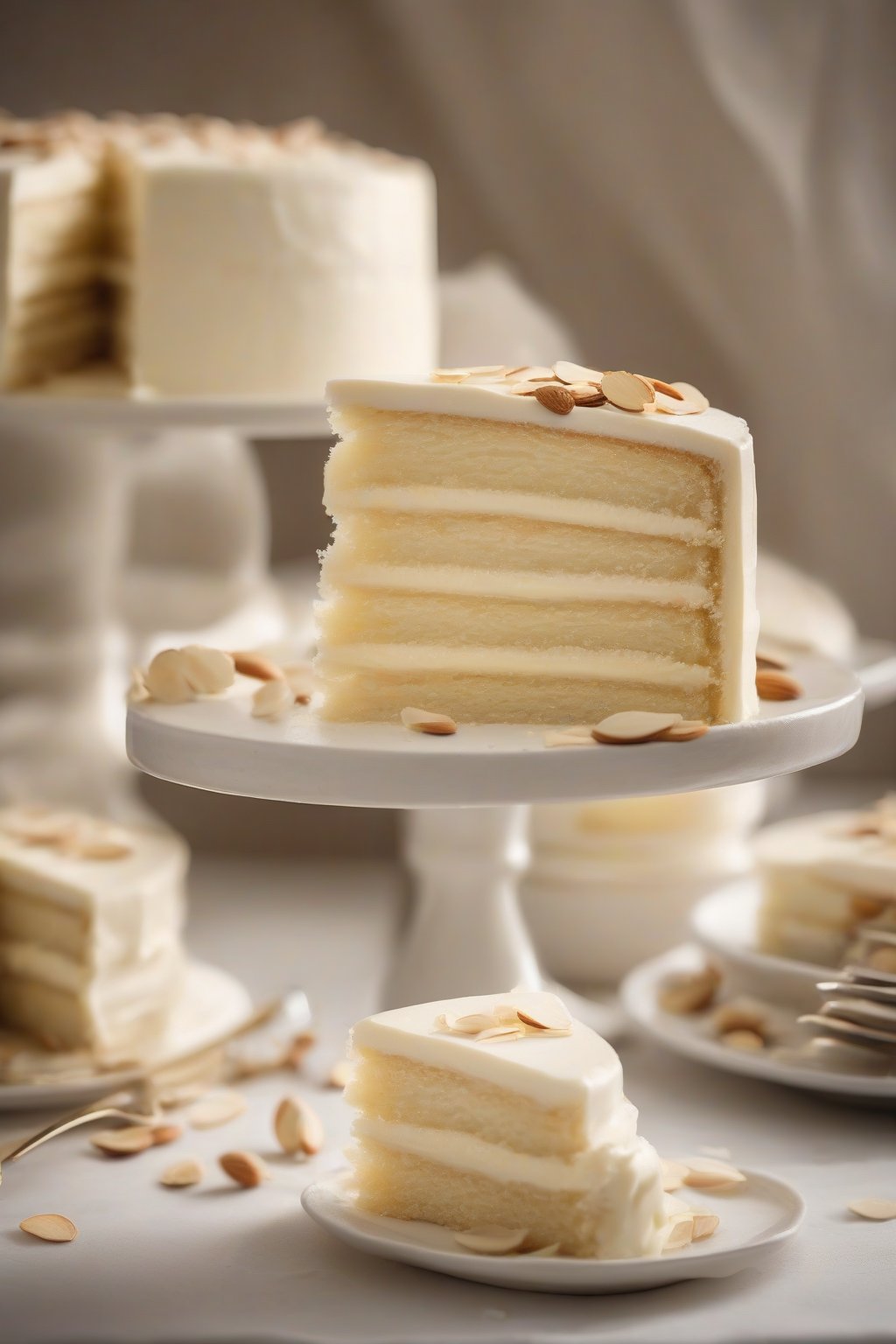 A high-resolution photo of almond-infused vanilla white cake layers stacked with cream under soft lighting.